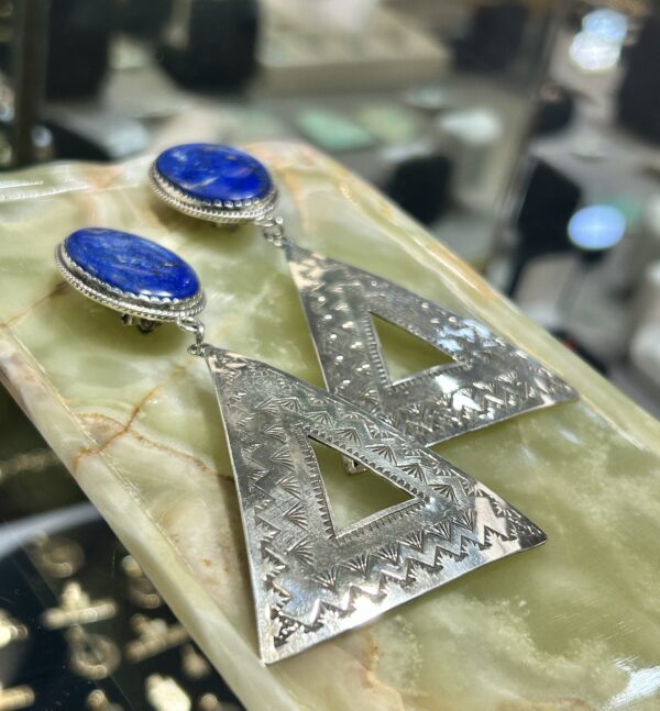 Lapis Lazuli Large Sterling Silver Triangular Handmade Earrings - Image 8