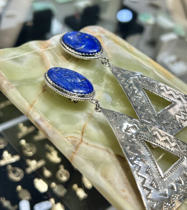 Lapis Lazuli Large Sterling Silver Triangular Handmade Earrings - Image 7