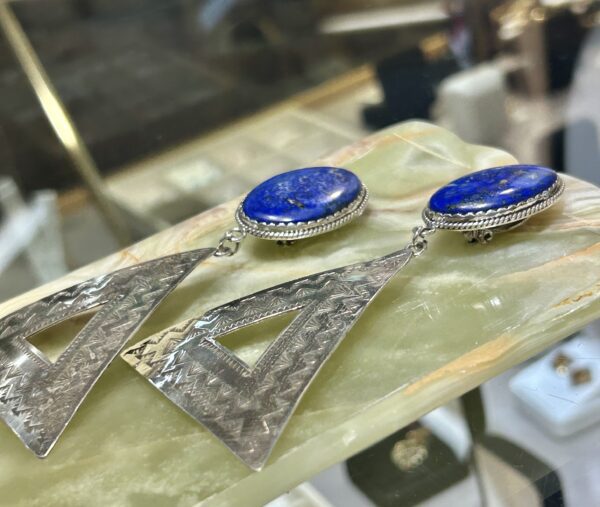 Lapis Lazuli Large Sterling Silver Triangular Handmade Earrings - Image 6