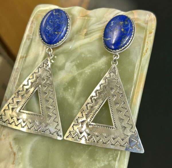 Lapis Lazuli Large Sterling Silver Triangular Handmade Earrings - Image 3