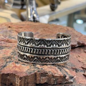 Elvira Bill Navajo Handmade Sterling Silver Thick Heavy Etched Cuff Bracelet