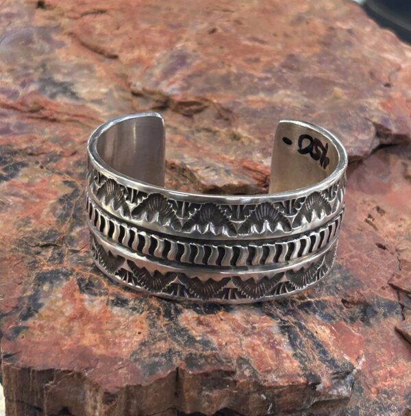Elvira Bill Navajo Handmade Sterling Silver Thick Heavy Etched Cuff Bracelet - Image 3