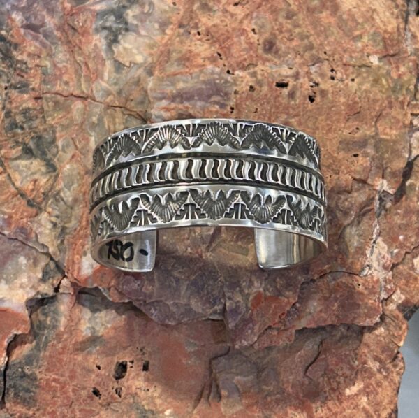 Elvira Bill Navajo Handmade Sterling Silver Thick Heavy Etched Cuff Bracelet - Image 2