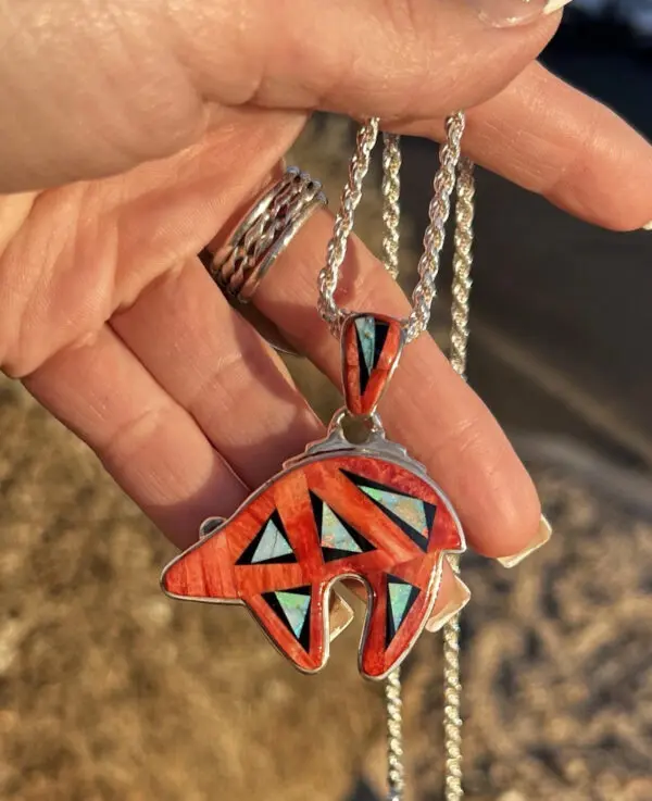 Calvin Begay Spiny Oyster Shell Navajo Handmade Australian Opal Double sided bear pendant