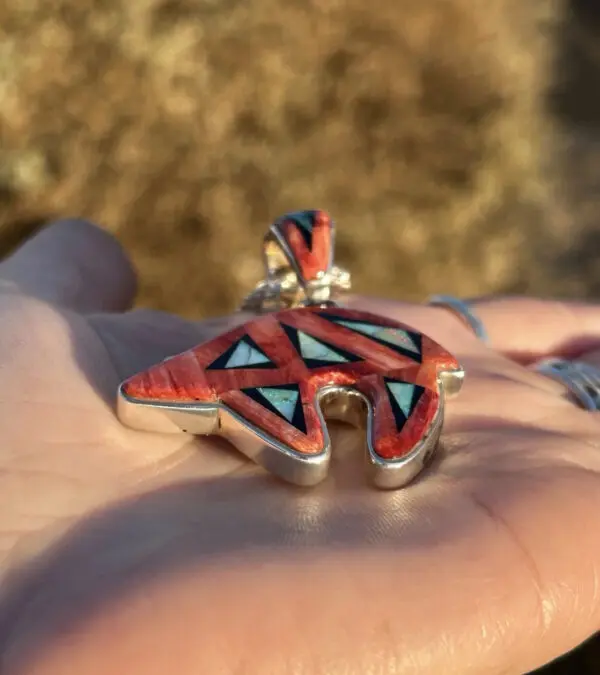 Calvin Begay Spiny Oyster Shell Navajo Handmade Australian Opal Double sided bear pendant - Image 6