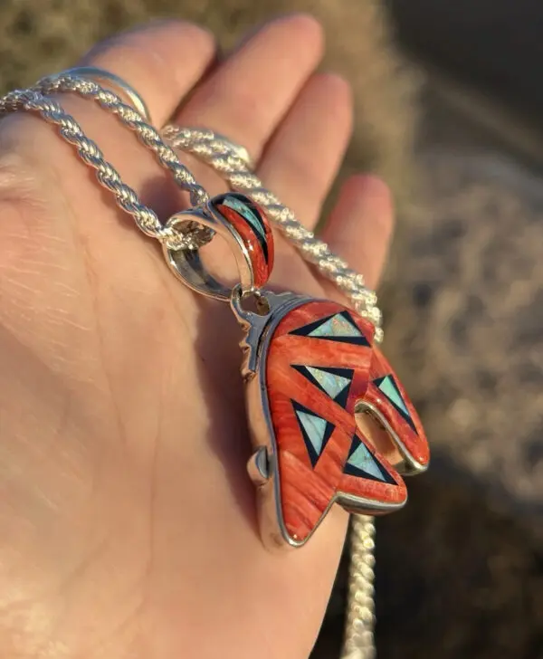 Calvin Begay Spiny Oyster Shell Navajo Handmade Australian Opal Double sided bear pendant - Image 5