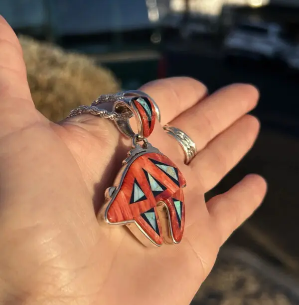 Calvin Begay Spiny Oyster Shell Navajo Handmade Australian Opal Double sided bear pendant - Image 3