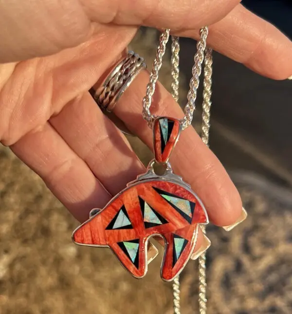 Calvin Begay Spiny Oyster Shell Navajo Handmade Australian Opal Double sided bear pendant - Image 2
