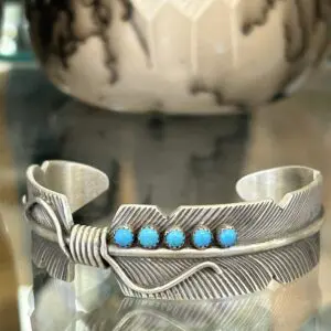 Sleeping Beauty Turquoise Sterling Silver Navajo Handmade Feather Shape Cuff Bracelet