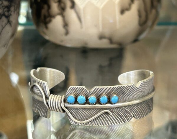 Sleeping Beauty Turquoise Sterling Silver Navajo Handmade Feather Shape Cuff Bracelet