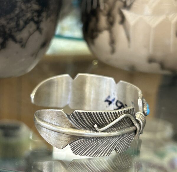 Sleeping Beauty Turquoise Sterling Silver Navajo Handmade Feather Shape Cuff Bracelet - Image 8