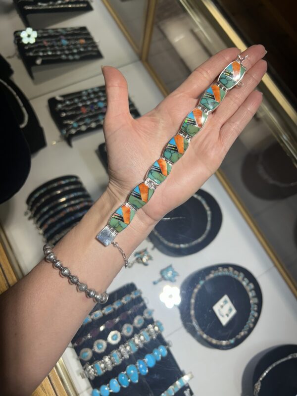 Calvin Begay Multistone Orange Spiny Oyster Shell, Sleeping Beauty Turquoise, Opal Inlay Double Sided Tennis Link Bracelet - Image 2