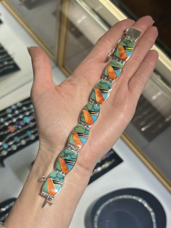 Calvin Begay Multistone Orange Spiny Oyster Shell, Sleeping Beauty Turquoise, Opal Inlay Double Sided Tennis Link Bracelet - Image 17
