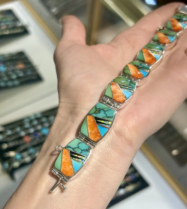 Calvin Begay Multistone Orange Spiny Oyster Shell, Sleeping Beauty Turquoise, Opal Inlay Double Sided Tennis Link Bracelet - Image 16