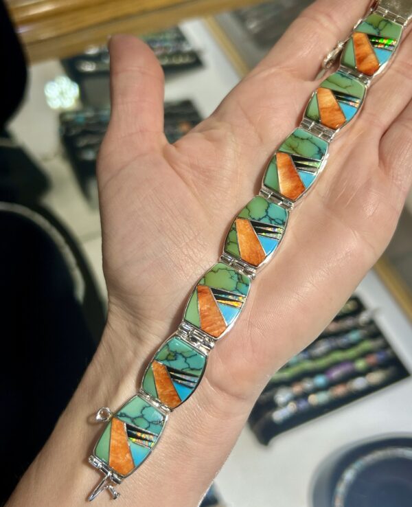 Calvin Begay Multistone Orange Spiny Oyster Shell, Sleeping Beauty Turquoise, Opal Inlay Double Sided Tennis Link Bracelet - Image 15