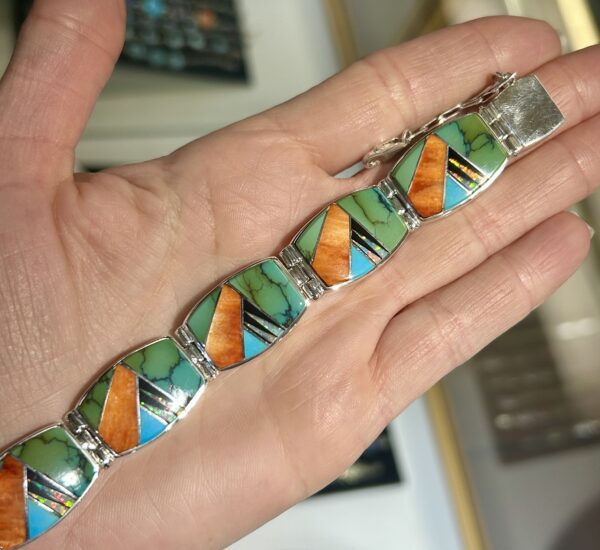 Calvin Begay Multistone Orange Spiny Oyster Shell, Sleeping Beauty Turquoise, Opal Inlay Double Sided Tennis Link Bracelet - Image 14