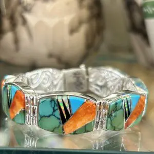Calvin Begay Multistone Orange Spiny Oyster Shell, Sleeping Beauty Turquoise, Opal Inlay Double Sided Tennis Link Bracelet