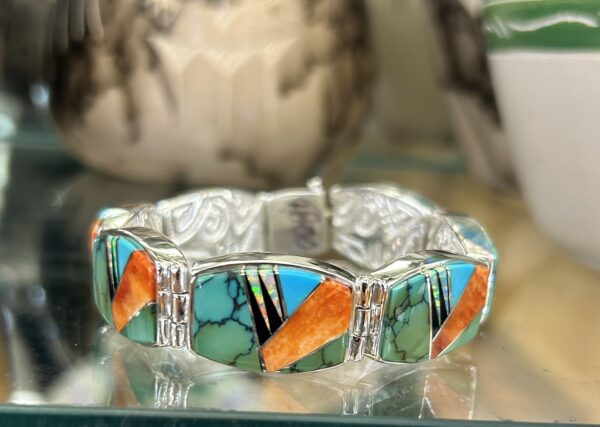Calvin Begay Multistone Orange Spiny Oyster Shell, Sleeping Beauty Turquoise, Opal Inlay Double Sided Tennis Link Bracelet