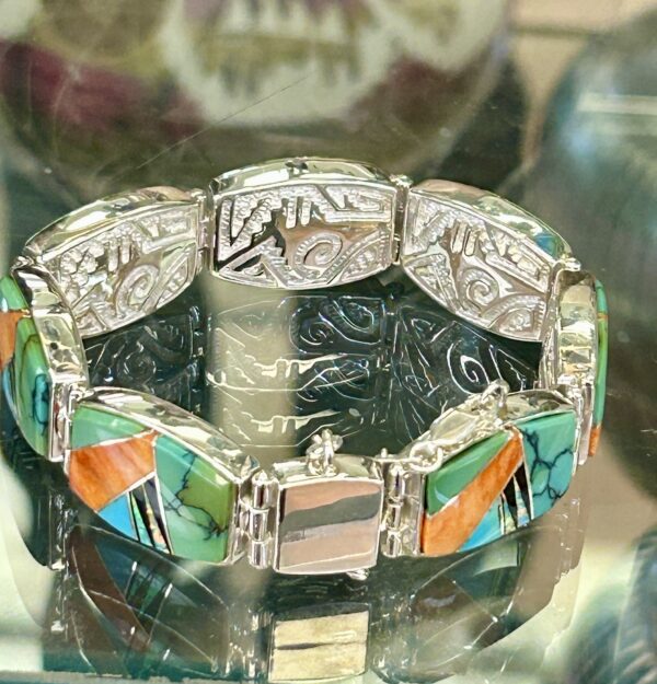 Calvin Begay Multistone Orange Spiny Oyster Shell, Sleeping Beauty Turquoise, Opal Inlay Double Sided Tennis Link Bracelet - Image 10