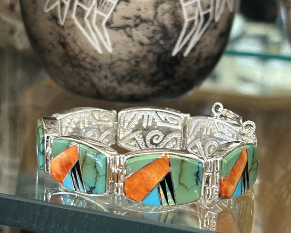 Calvin Begay Multistone Orange Spiny Oyster Shell, Sleeping Beauty Turquoise, Opal Inlay Double Sided Tennis Link Bracelet - Image 9