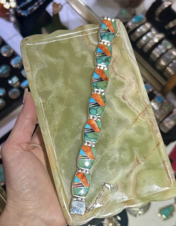 Calvin Begay Multistone Orange Spiny Oyster Shell, Sleeping Beauty Turquoise, Opal Inlay Double Sided Tennis Link Bracelet - Image 8