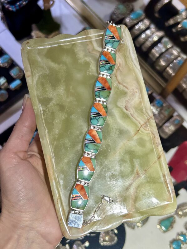 Calvin Begay Multistone Orange Spiny Oyster Shell, Sleeping Beauty Turquoise, Opal Inlay Double Sided Tennis Link Bracelet - Image 7