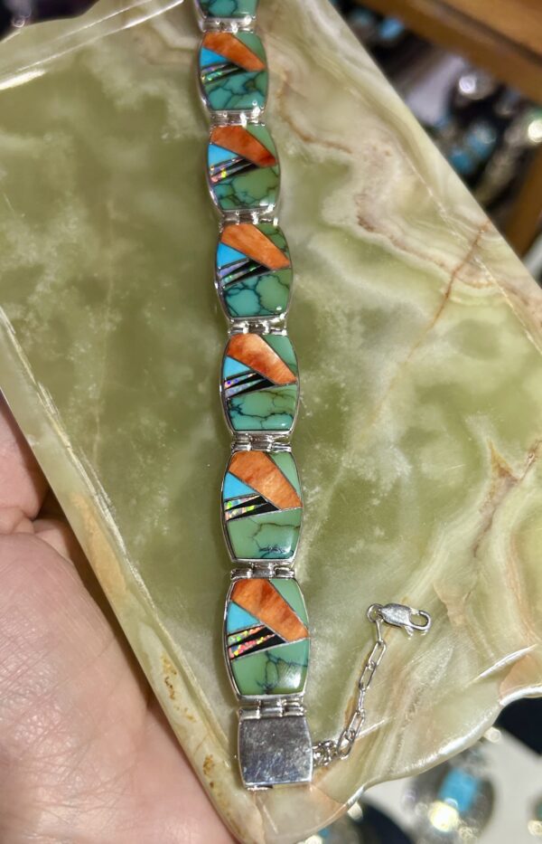 Calvin Begay Multistone Orange Spiny Oyster Shell, Sleeping Beauty Turquoise, Opal Inlay Double Sided Tennis Link Bracelet - Image 6