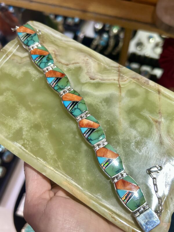 Calvin Begay Multistone Orange Spiny Oyster Shell, Sleeping Beauty Turquoise, Opal Inlay Double Sided Tennis Link Bracelet - Image 5