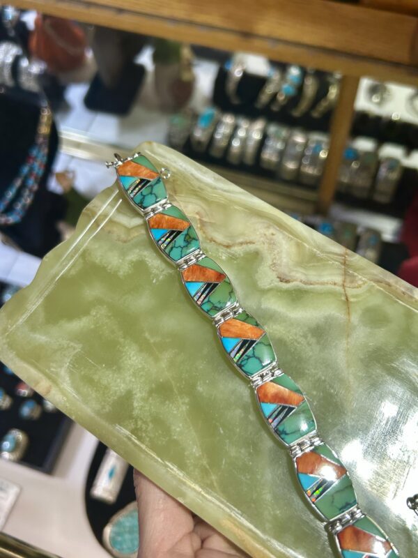 Calvin Begay Multistone Orange Spiny Oyster Shell, Sleeping Beauty Turquoise, Opal Inlay Double Sided Tennis Link Bracelet - Image 4