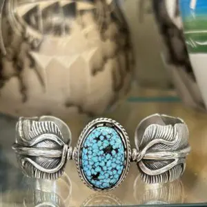 Navajo Handmade Sterling Silver #8 Spiderweb Turquoise Feather Shaped Cuff Bracelet Unisex