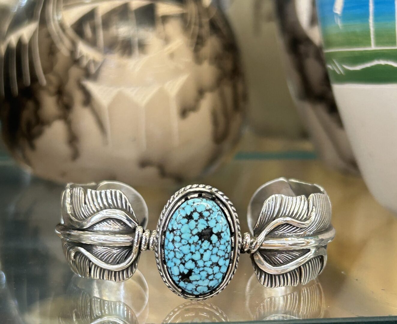 Navajo Handmade Sterling Silver #8 Spiderweb Turquoise Feather Shaped Cuff Bracelet Unisex