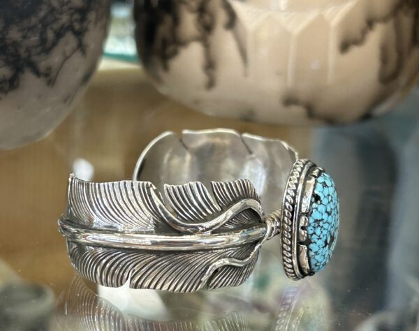 Navajo Handmade Sterling Silver #8 Spiderweb Turquoise Feather Shaped Cuff Bracelet Unisex - Image 12