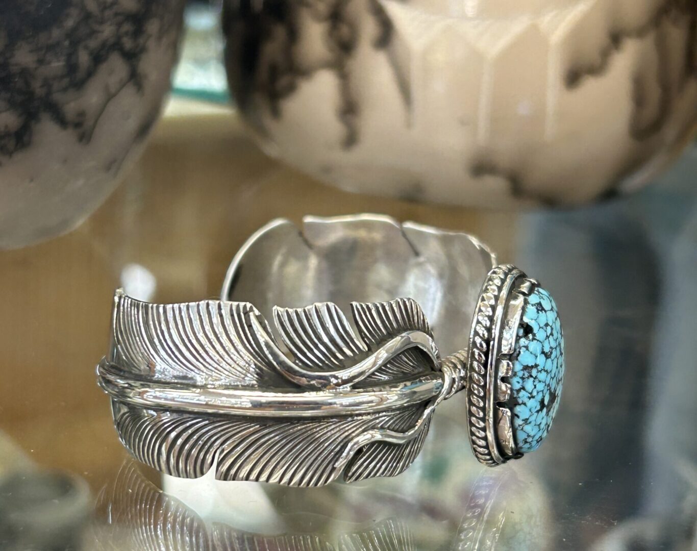 Navajo Handmade Sterling Silver #8 Spiderweb Turquoise Feather Shaped Cuff Bracelet Unisex - Image 12