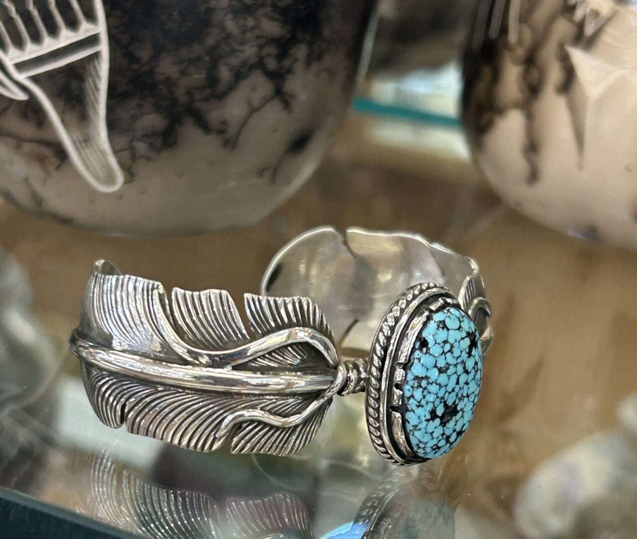 Navajo Handmade Sterling Silver #8 Spiderweb Turquoise Feather Shaped Cuff Bracelet Unisex - Image 11