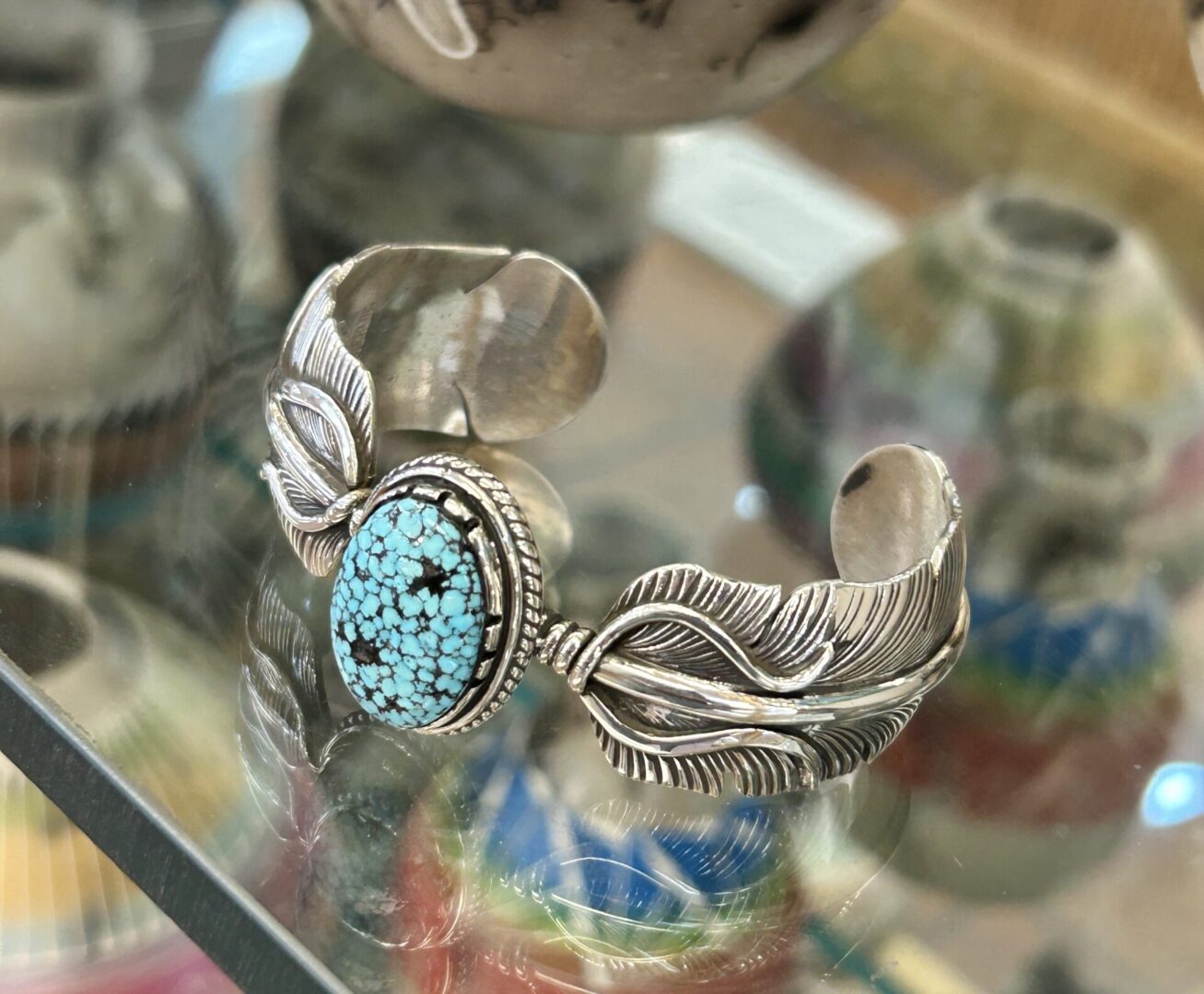 Navajo Handmade Sterling Silver #8 Spiderweb Turquoise Feather Shaped Cuff Bracelet Unisex - Image 9