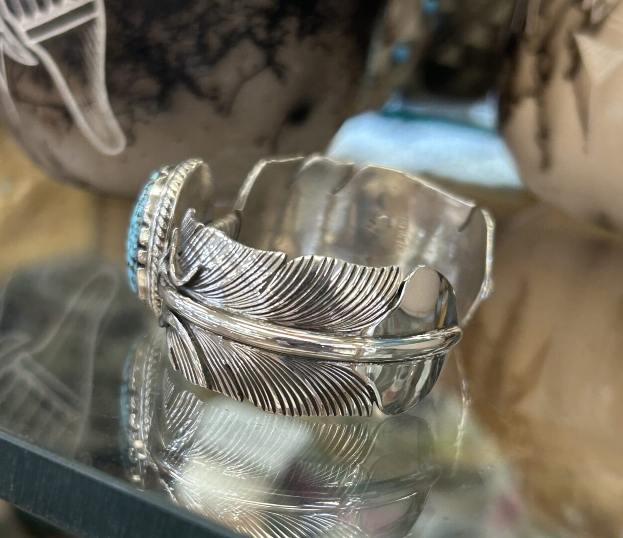 Navajo Handmade Sterling Silver #8 Spiderweb Turquoise Feather Shaped Cuff Bracelet Unisex - Image 8