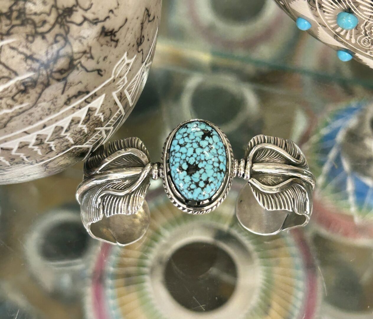 Navajo Handmade Sterling Silver #8 Spiderweb Turquoise Feather Shaped Cuff Bracelet Unisex - Image 2