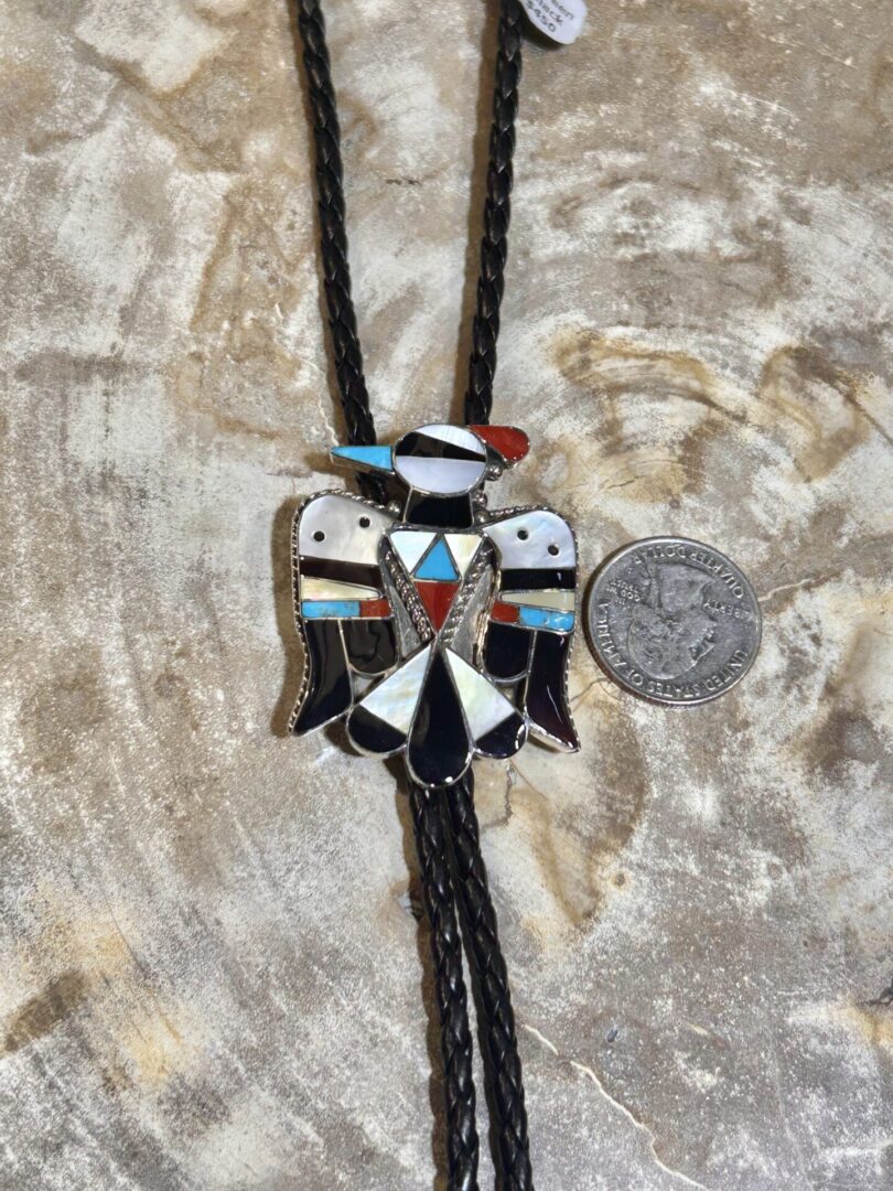 Zuni Handmade Sterling Silver Multistone Mother Of Pearl Thunderbird Bolo Ties - Image 27