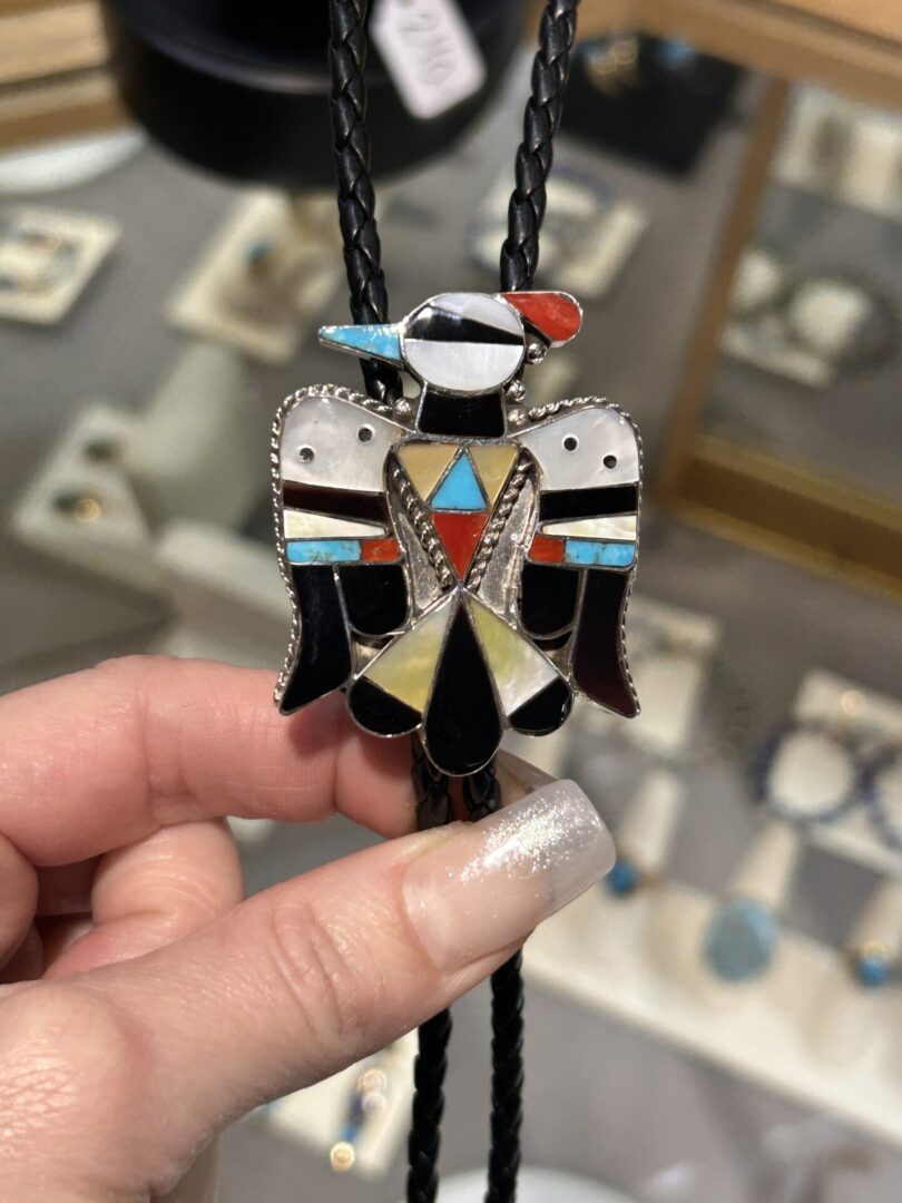 Zuni Handmade Sterling Silver Multistone Mother Of Pearl Thunderbird Bolo Ties - Image 4