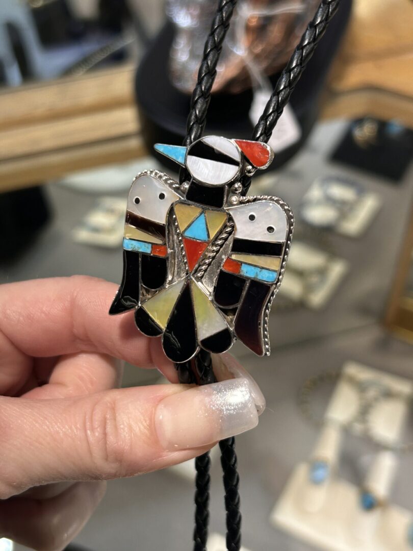 Zuni Handmade Sterling Silver Multistone Mother Of Pearl Thunderbird Bolo Ties - Image 25