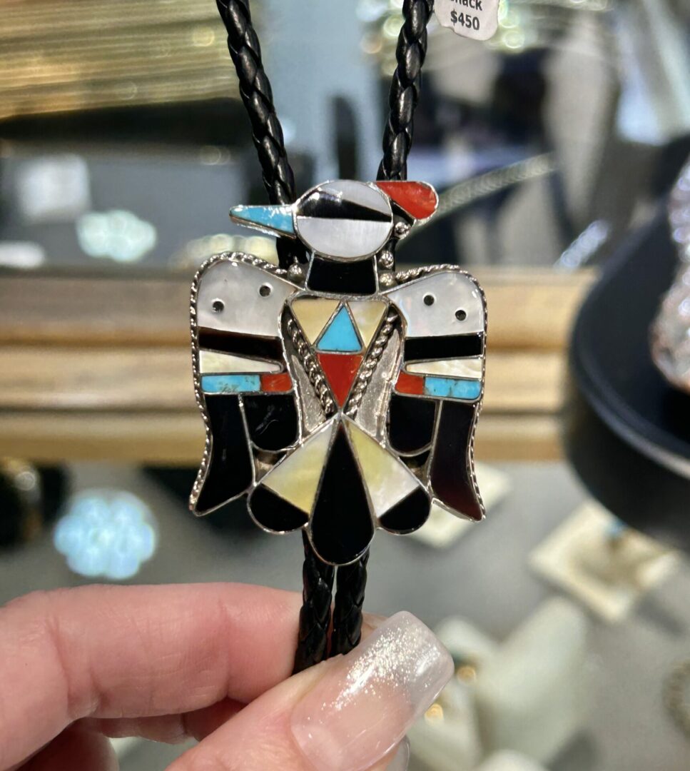 Zuni Handmade Sterling Silver Multistone Mother Of Pearl Thunderbird Bolo Ties - Image 23