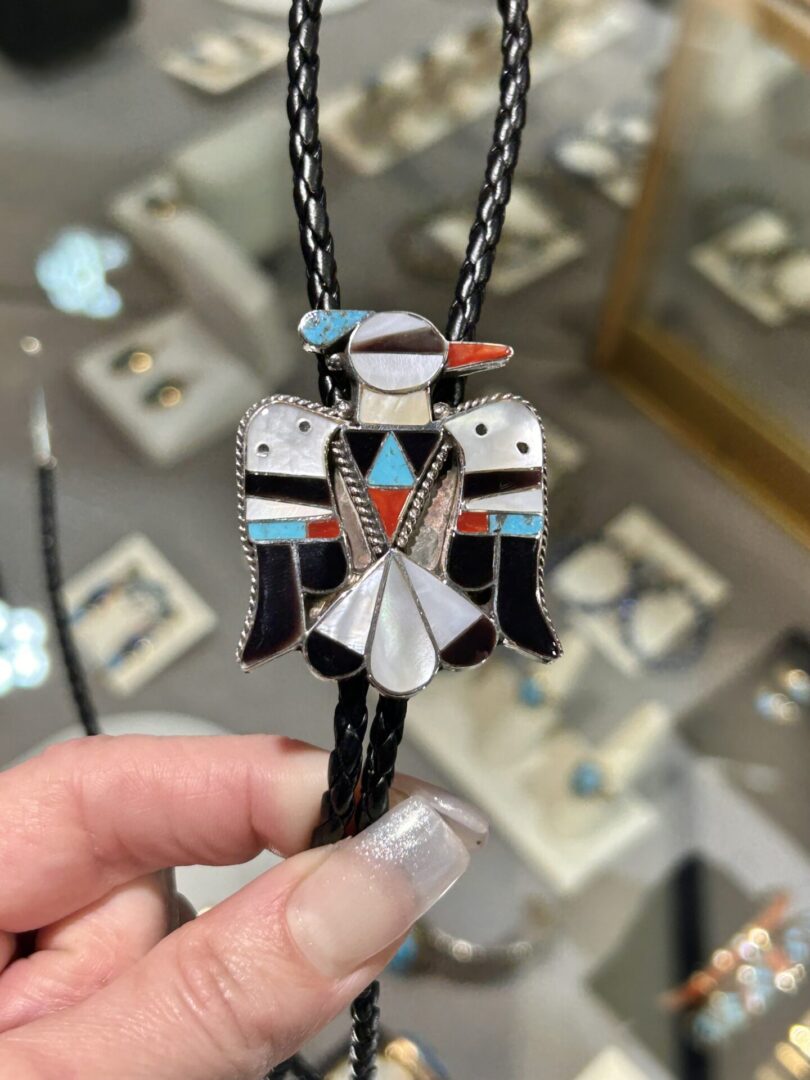 Zuni Handmade Sterling Silver Multistone Mother Of Pearl Thunderbird Bolo Ties - Image 3