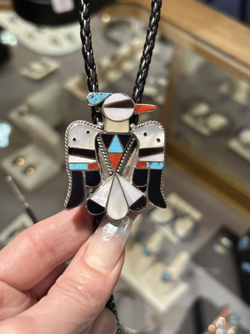 Zuni Handmade Sterling Silver Multistone Mother Of Pearl Thunderbird Bolo Ties - Image 9