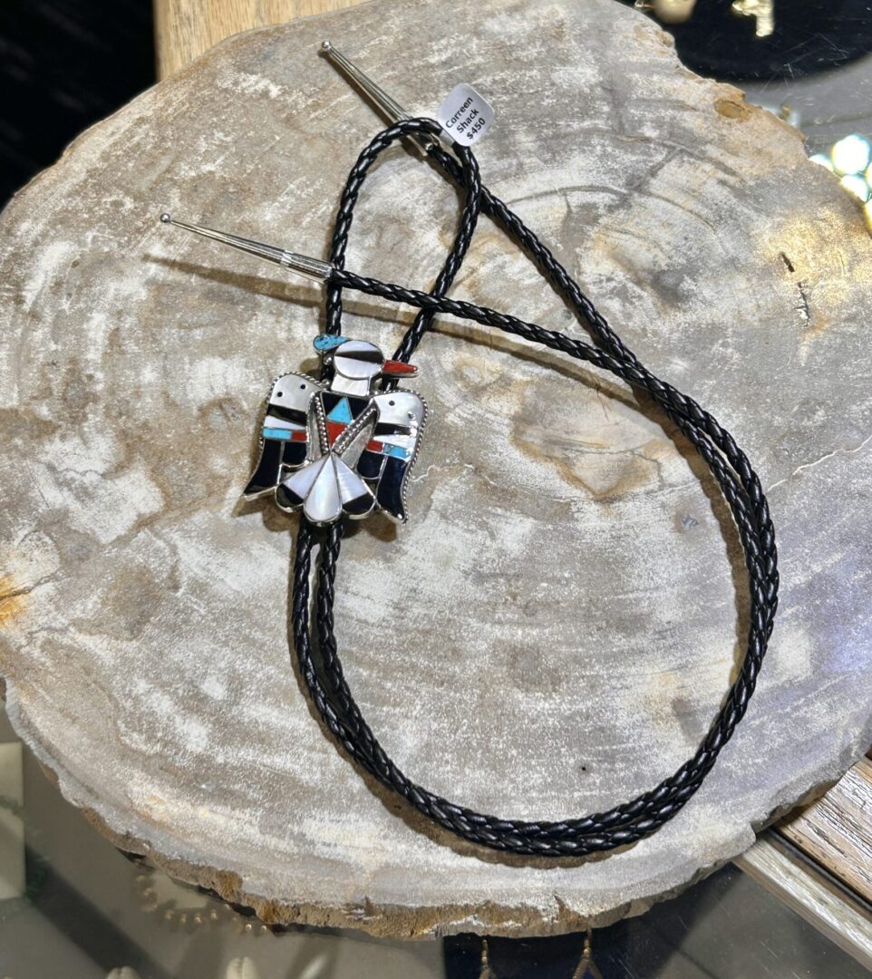 Zuni Handmade Sterling Silver Multistone Mother Of Pearl Thunderbird Bolo Ties - Image 8