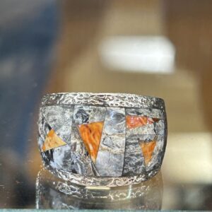 White Buffalo Turquoise With Orange Spiny Oyster Shell Sterling Silver Ring