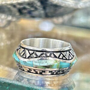 Navajo Handmade Sterling Silver Thick Inlay Sonoran Gold Turquoise Band Ring