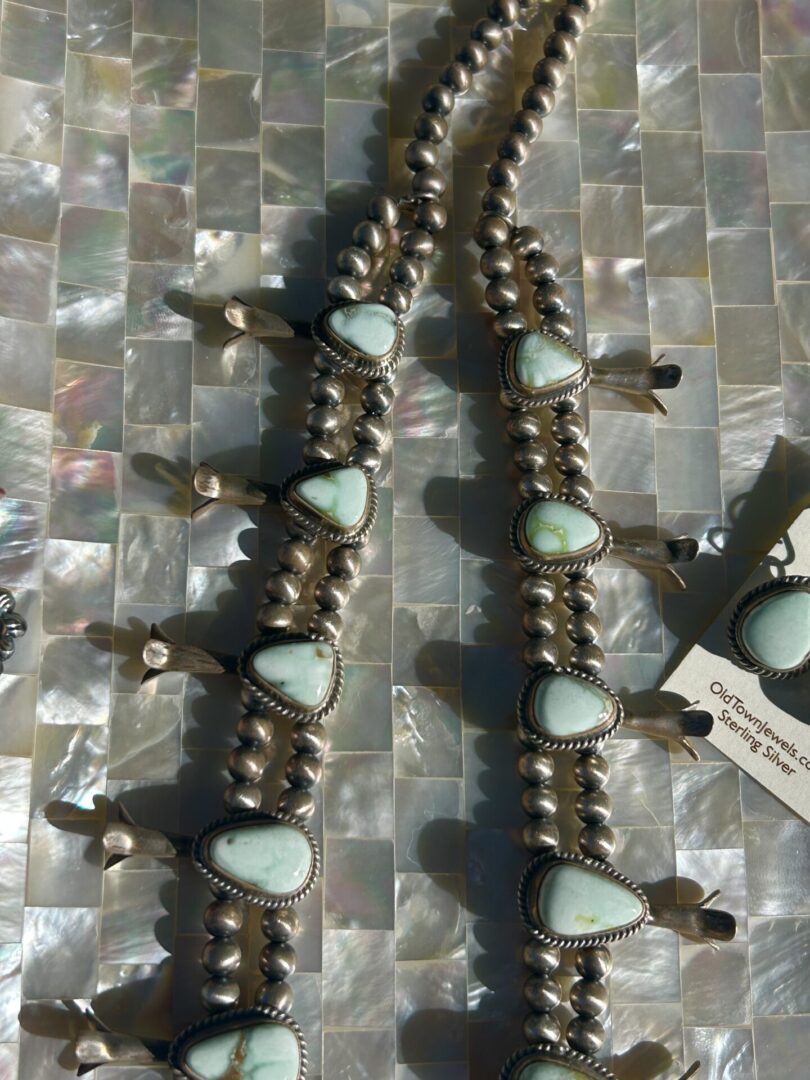 Palomino Turquoise Sterling Silver Navajo Handmade Squash Blossom Necklace Set - Image 9