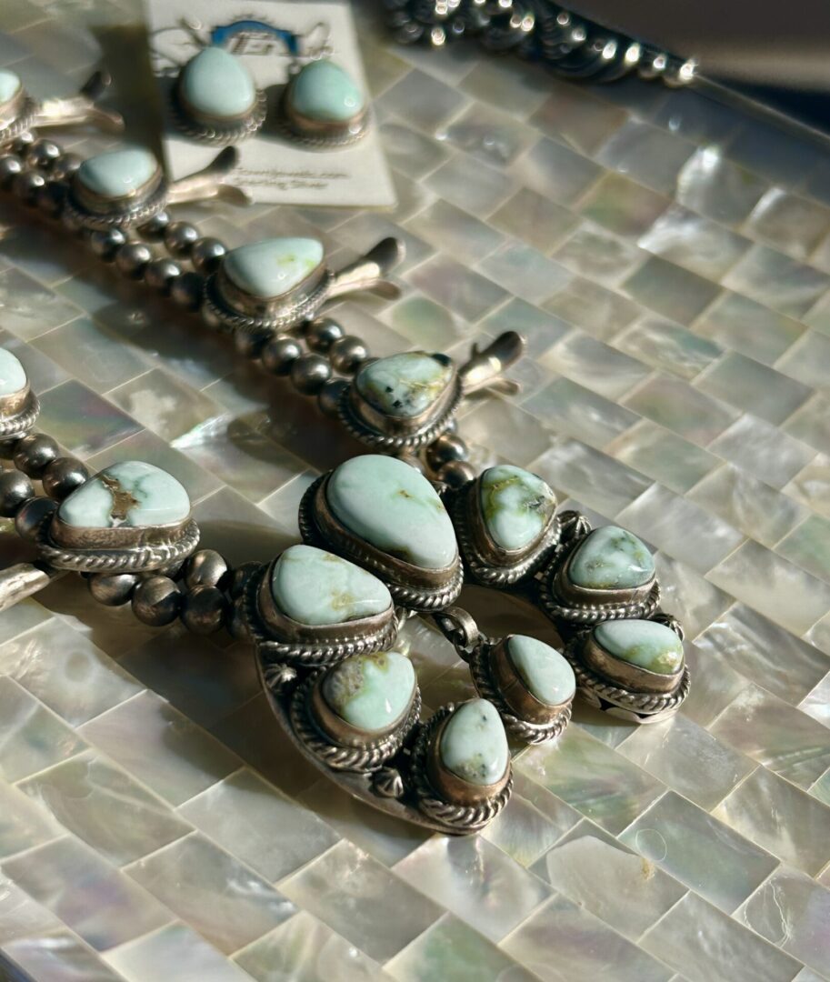 Palomino Turquoise Sterling Silver Navajo Handmade Squash Blossom Necklace Set - Image 4