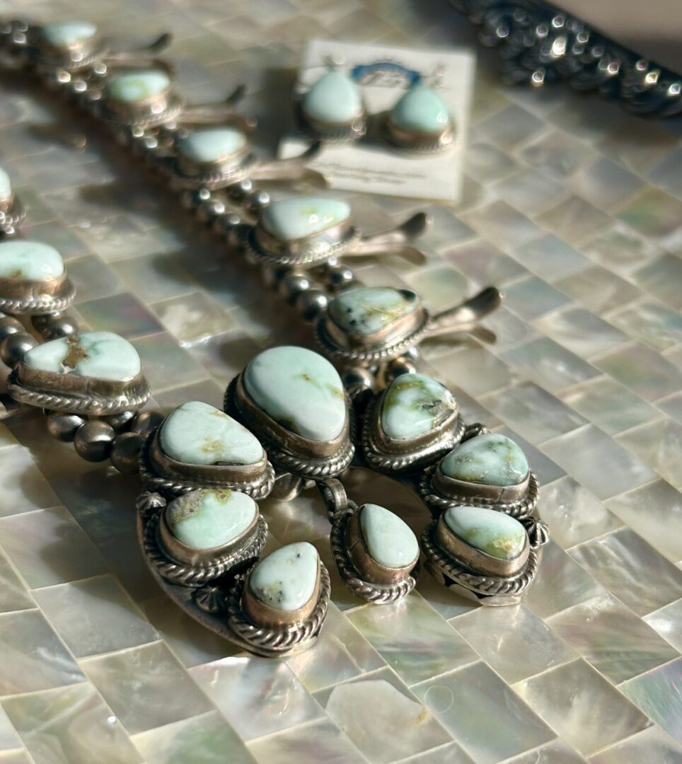 Palomino Turquoise Sterling Silver Navajo Handmade Squash Blossom Necklace Set - Image 6