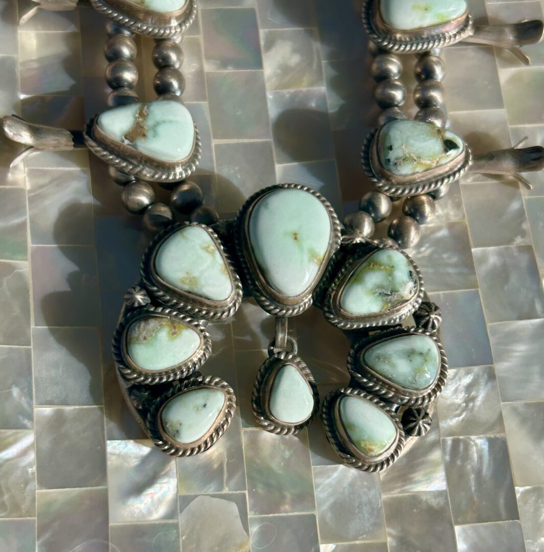 Palomino Turquoise Sterling Silver Navajo Handmade Squash Blossom Necklace Set - Image 5